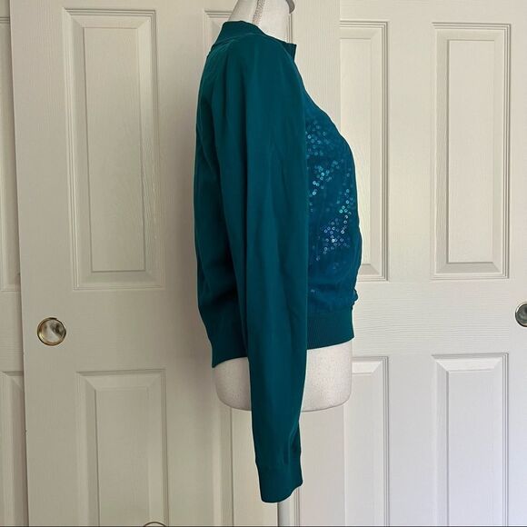 St. John Sheer Sequin Zip Cardigan Sweater Baltic Blue Small MSRP $695 - Picture 3 of 10